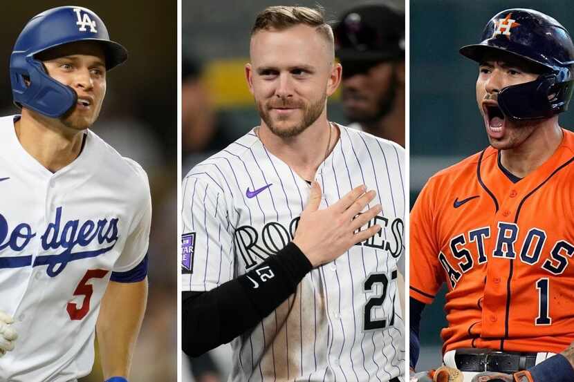 From L to R: Dodgers shortstop Corey Seager, Rockies shortstop Trevor Story and Astros...