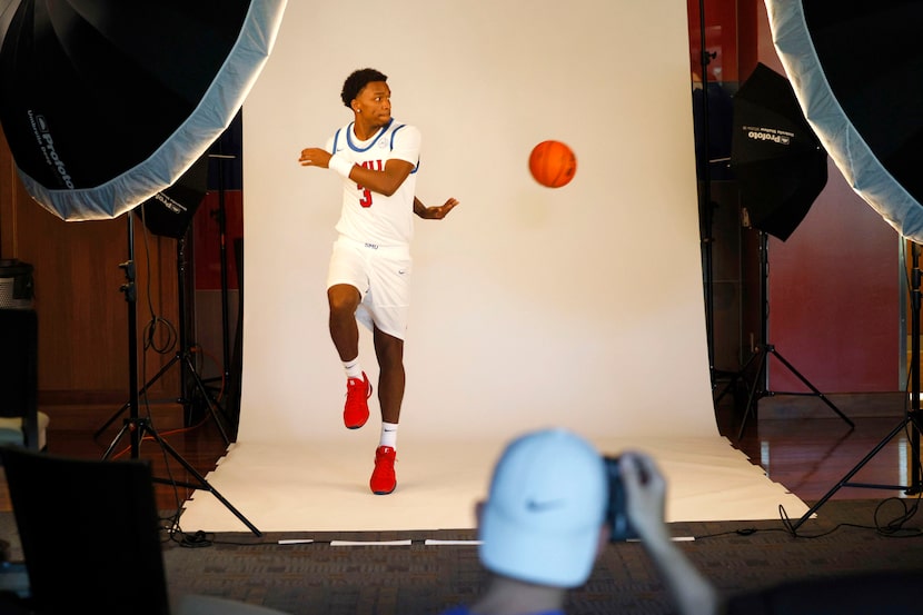 SMU guard Chuck Harris (3) poses for a photo during the media day for the men's basketball...