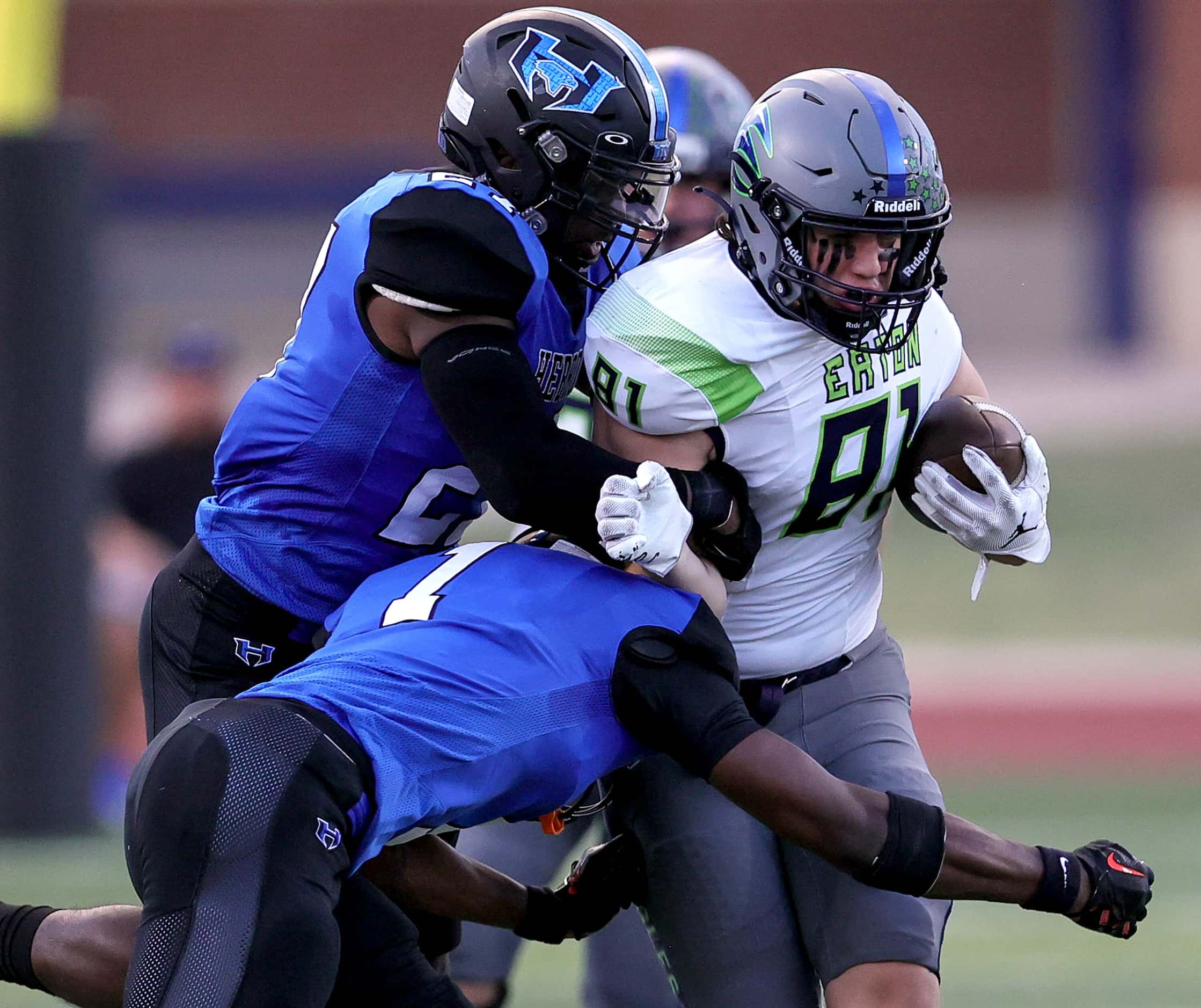 Eaton tight end Cage Berreth (81) comes up with a reception and is dragged down by Hebron...