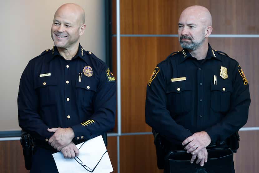 Dallas police Chief Eddie Garcia (left), and Fort Worth police Chief Neil Noakes at a news...