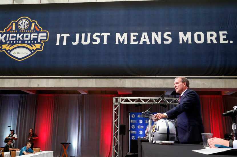 Texas A&M head coach Jimbo Fisher speaks at Southeastern Conference Media Days Monday, July...