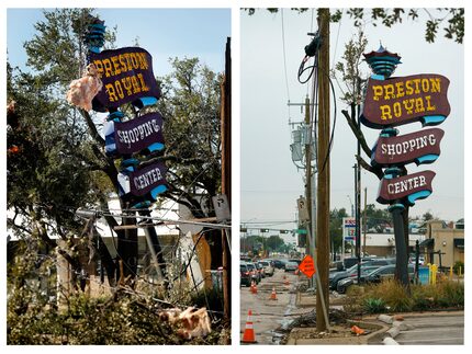 On left: The Preston Royal shopping center sign was still standing, but crooked, the day...