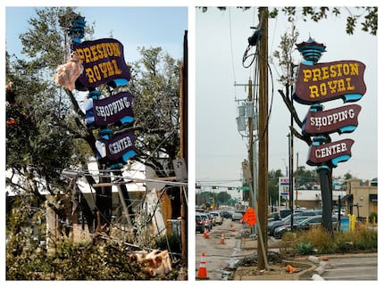 On left: The Preston Royal shopping center sign was still standing, but crooked, the day...