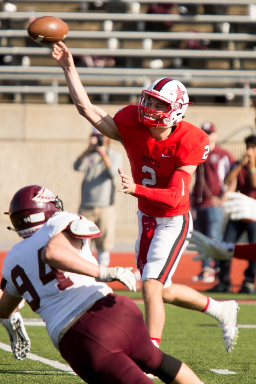 Coppell quarterback Brady McBride (2) passes during Coppell's bi-district playoff matchup...