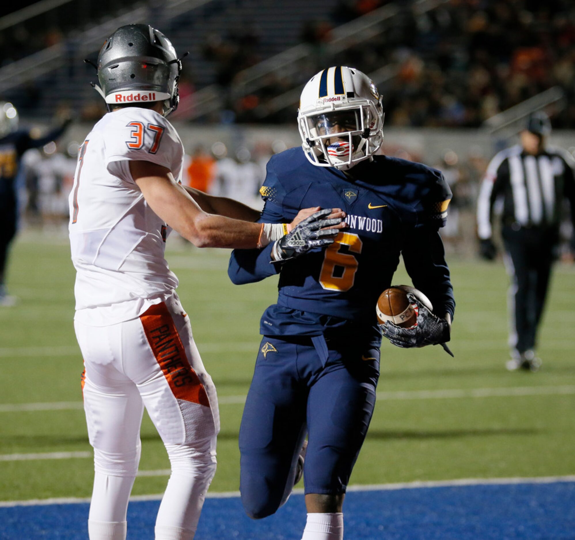 Prestonwood Christian Academy Jeremiah Lewis (6) scores a touchdown, tackled by  St. Pius X...