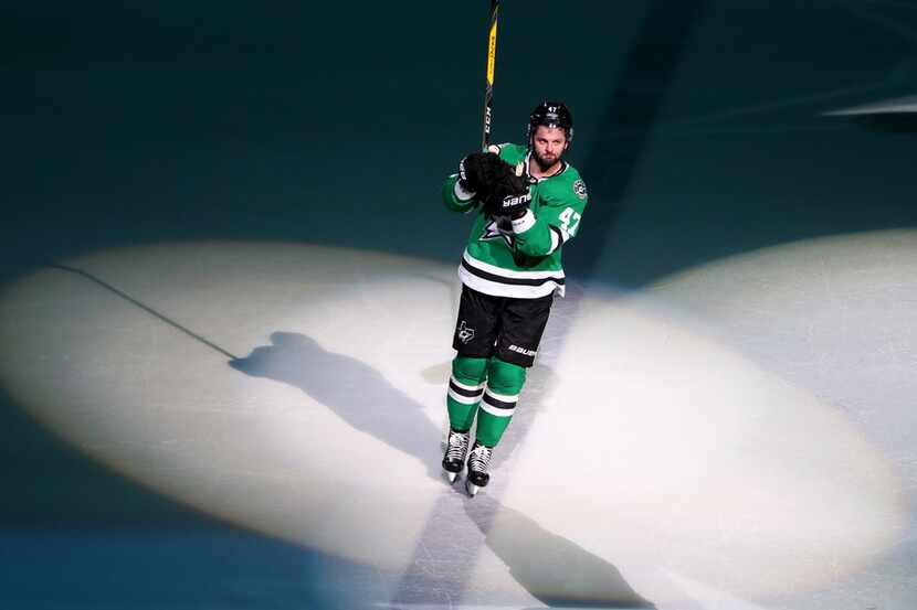 DALLAS, TEXAS - MARCH 07: Alexander Radulov #47 of the Dallas Stars is recognized as the...