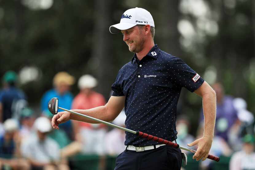 AUGUSTA, GEORGIA - APRIL 12: Justin Harding of South Africa reacts on the 18th green during...