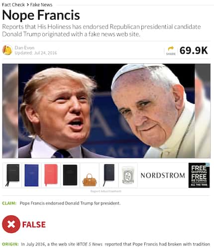 The above is a screen grab of how Snopes.com handled its conclusions that the Pope Endorses...