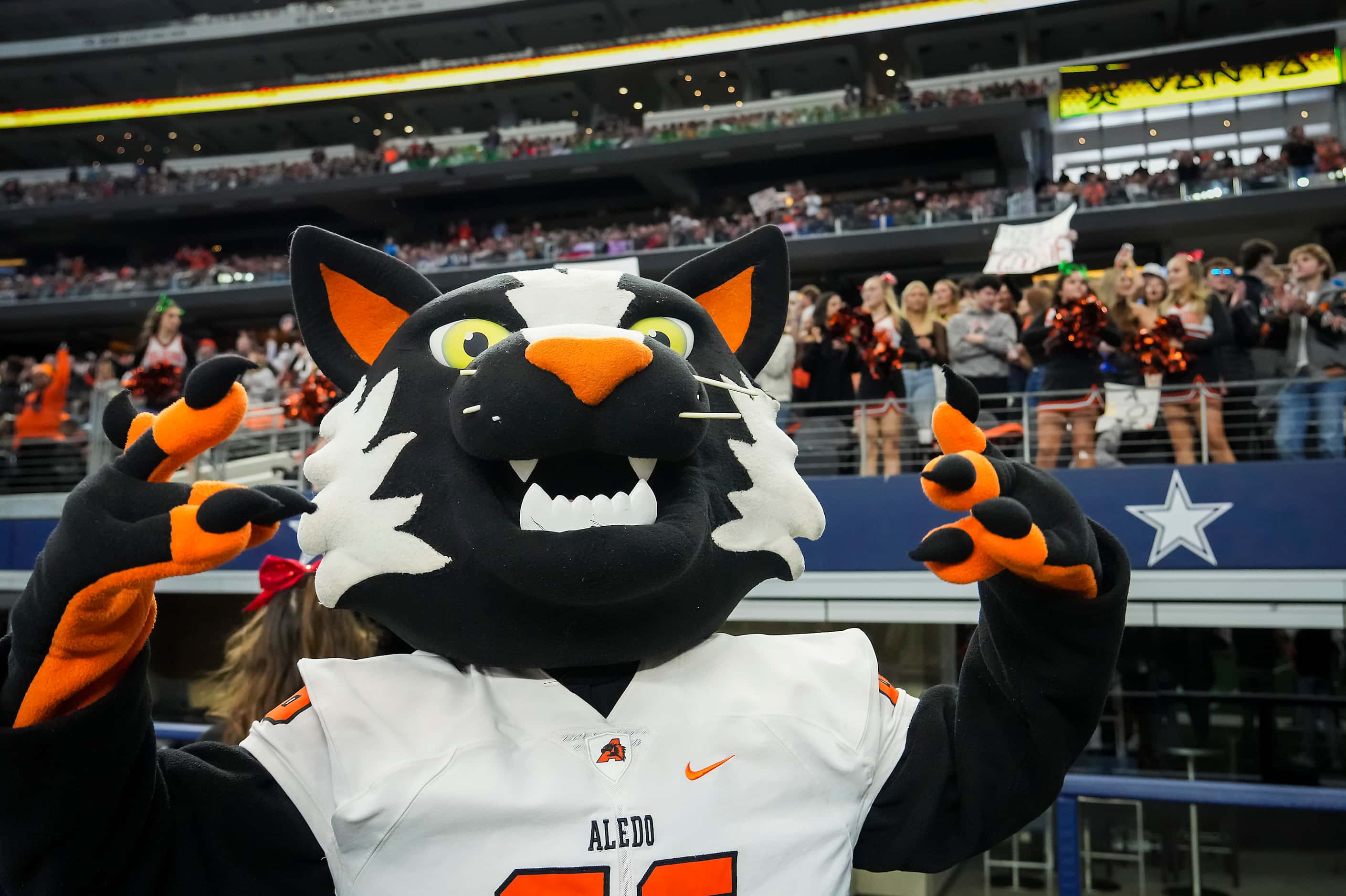 The Aledo mascot celebrates with fans during the first half of Class 5A Division I state...