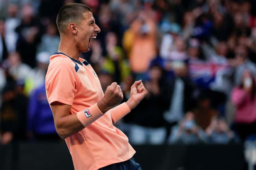 Alexei Popyrin of Australia celebrates after defeating Taylor Fritz of the U.S. in their...