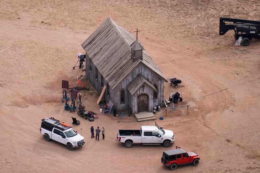 FILE - This aerial photo shows the movie set of "Rust" at Bonanza Creek Ranch in Santa Fe,...