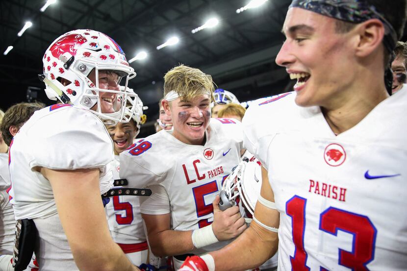 The Parish Episcopal Panthers celebrate after winning a TAPPS Division I state semifinal...