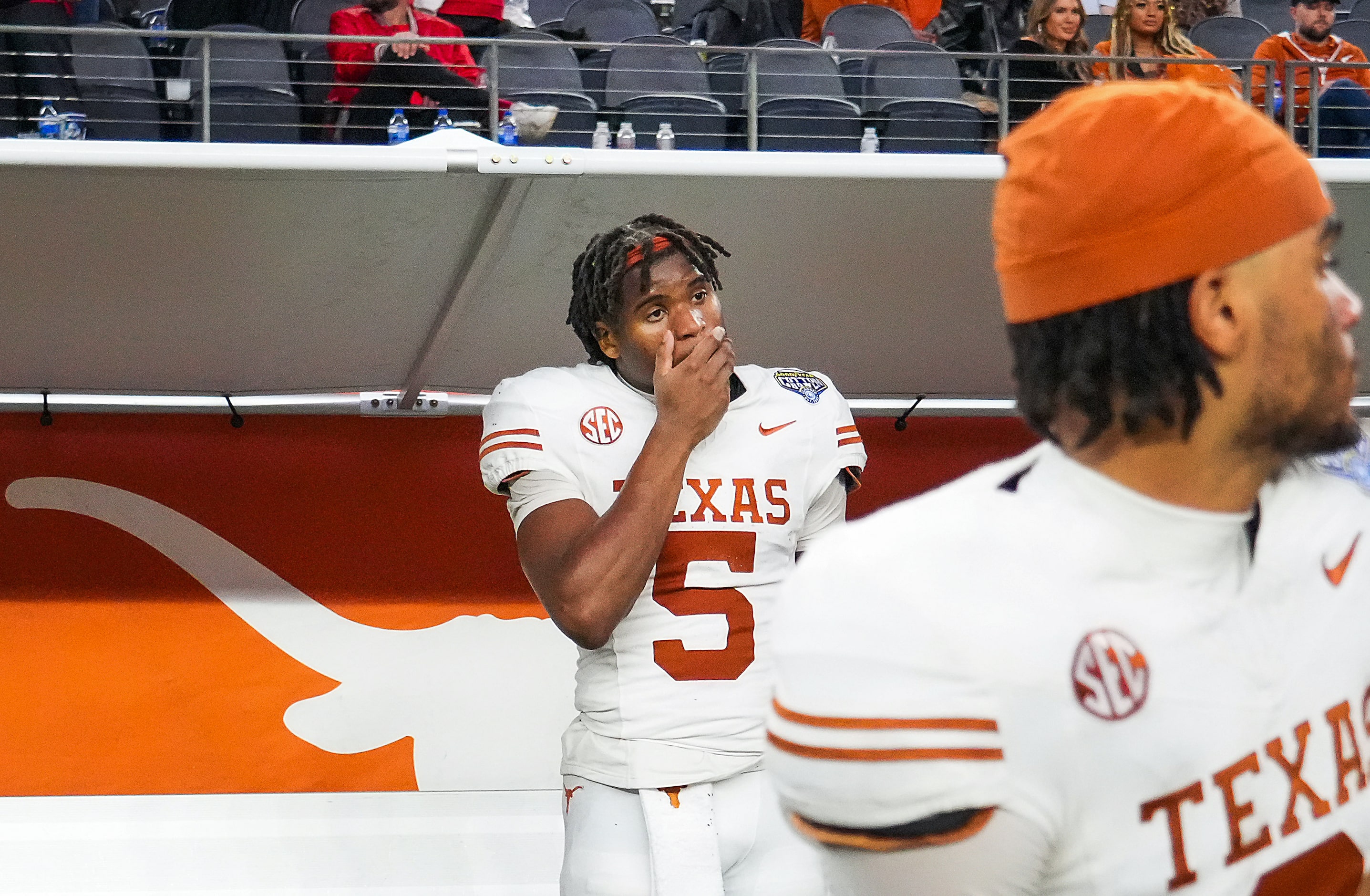 Texas wide receiver Ryan Wingo (5) looks out from the bench after a loss to Ohio State in...