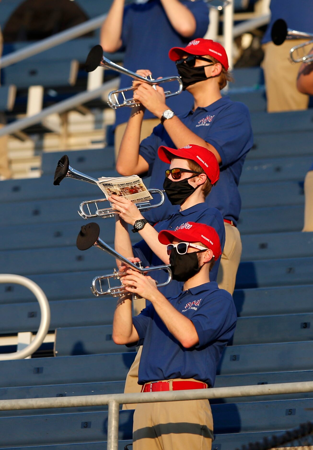 Southern Methodist Mustangs band performs from the stands in a game between the Southern...