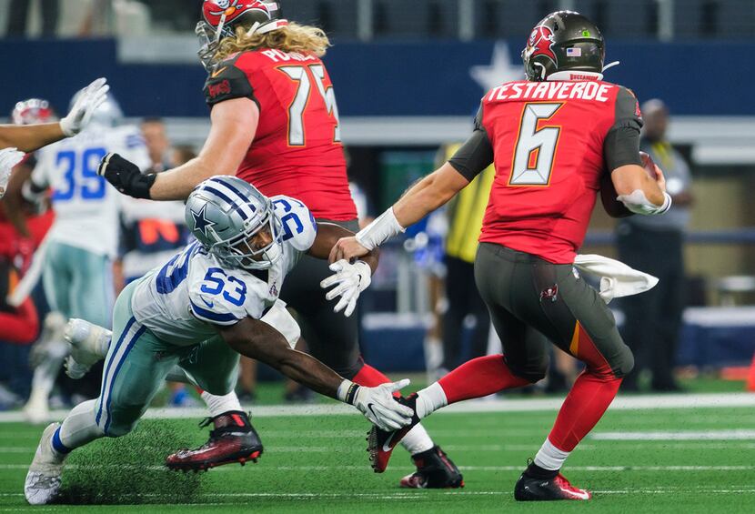 Dallas Cowboys linebacker Justin March-Lillard (53) sacks Tampa Bay Buccaneers quarterback ...
