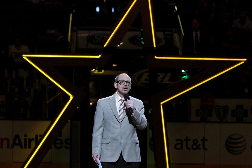 Dallas Stars' announcer Ralph Strangis is pictured during the ceremony for deceased former...