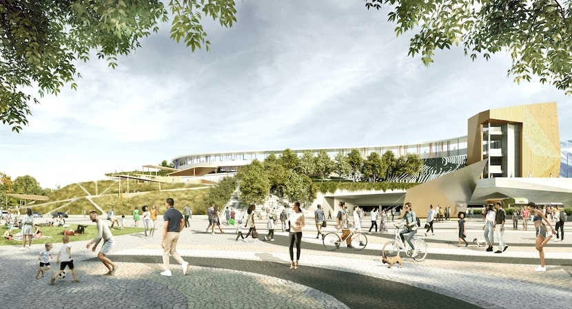 This rendering by Gensler/Moody-Nolan shows, in the foreground, the redesigned Lagow Street,...