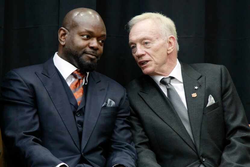 Emmitt Smith and Jerry Jones took part in the press conference at the UT-Arlington Maverick...