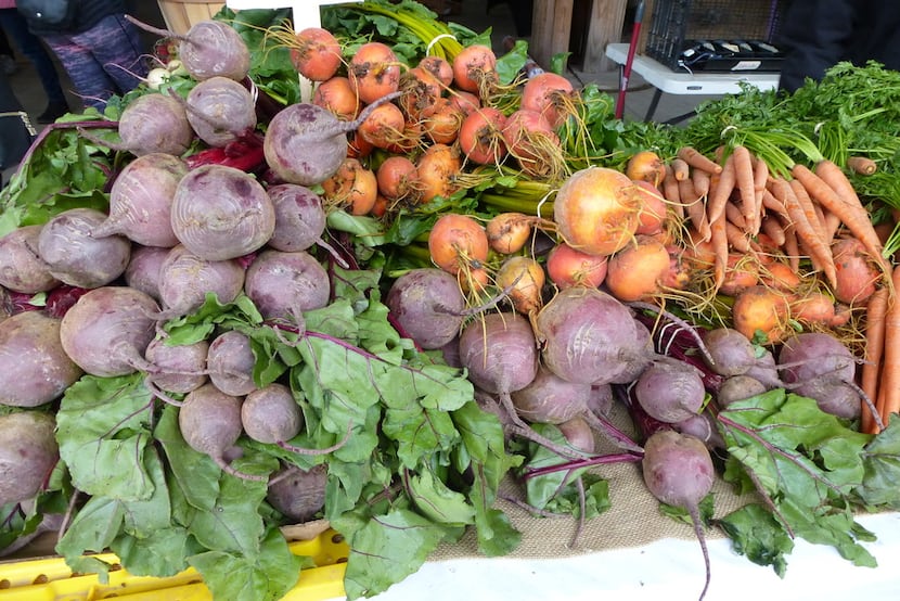 Root vegetables at the Dallas Farmers Market, with these beets and carrots from Denton Creek...