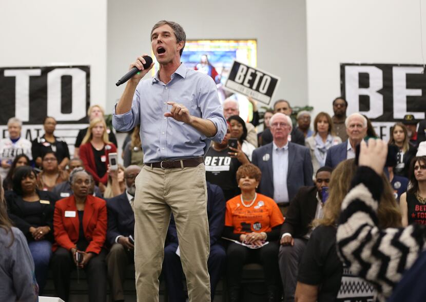 Democratic Senate candidate Beto O'Rourke speaks to supporters during a rally at Liberty...