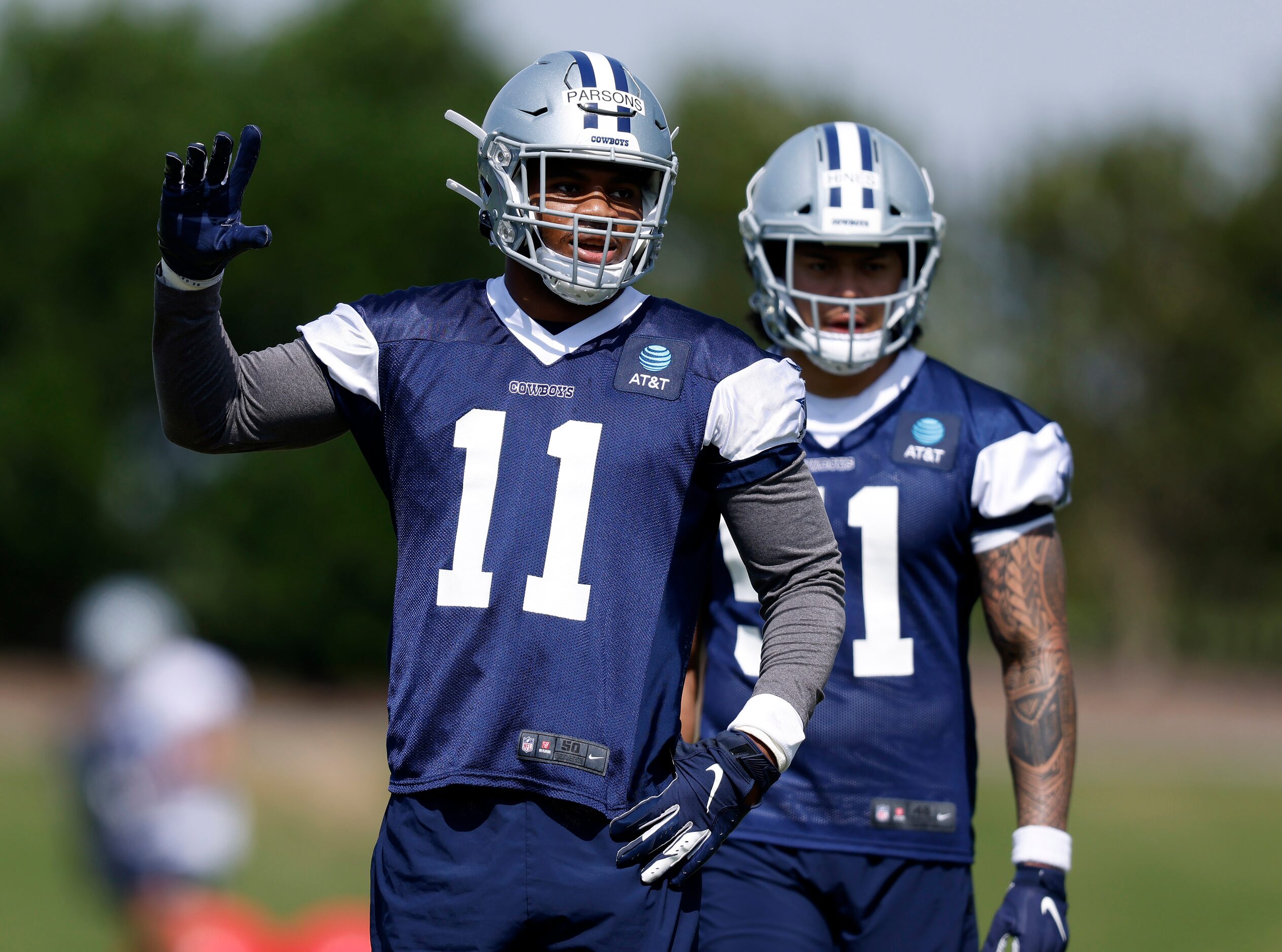 Dallas Cowboys rookie linebacker Micah Parsons (11) is pictured during rookie minicamp at...