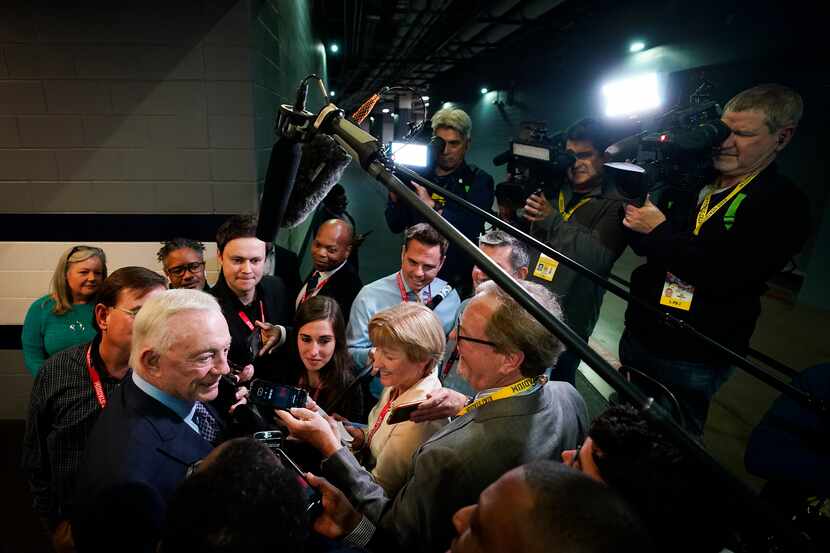 Dallas Cowboys owner Jerry Jones addresses the media after a victory over the Washington...