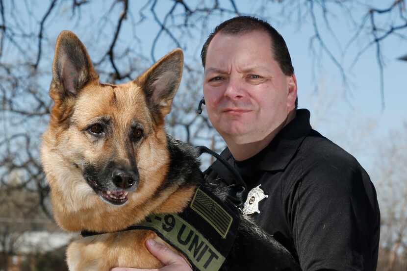 Jim Osorio, of Canine Encounters Law Enforcement Training, with his German Shepherd, Coral,...