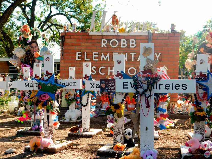 A memorial for the 19 children and two teachers killed in the May shooting at Robb...