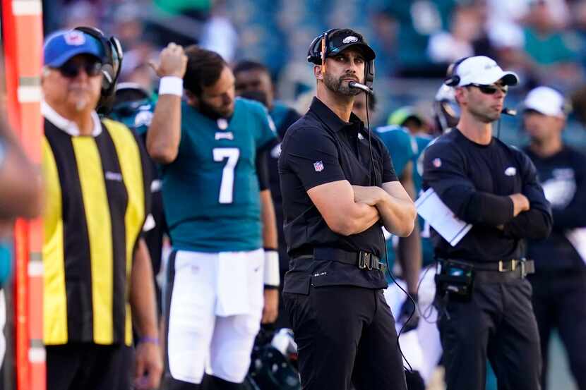 Philadelphia Eagles head coach Nick Sirianni watches play during the second half of an NFL...