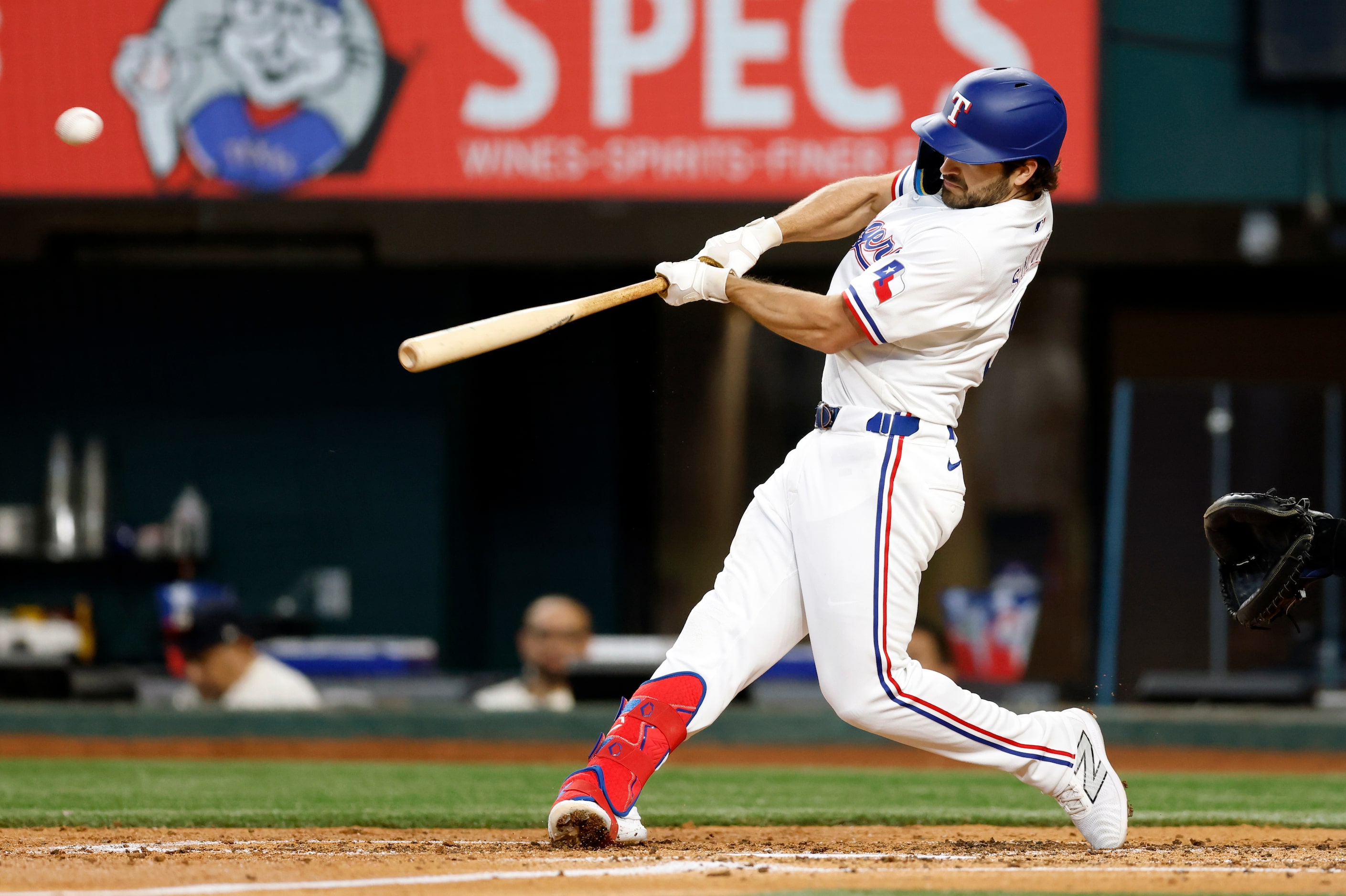 Texas Rangers third baseman Josh Smith (8) hits a home run off of Kansas City Royals...