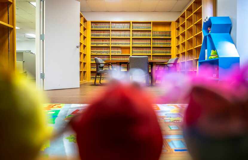 A Sesame Street-themed play room in the Dallas County Public Defender's office at the Frank...