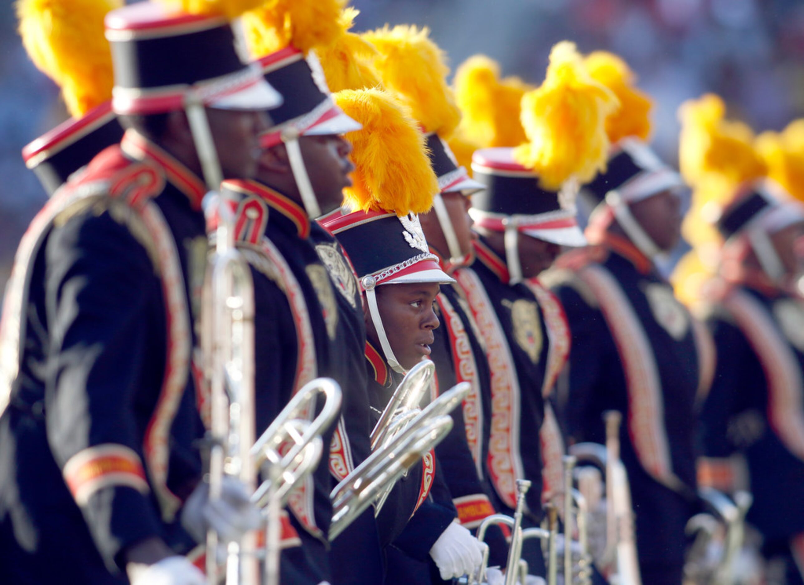 Members of the Grambling State marching band perform at halftime of the Prairie View versus...