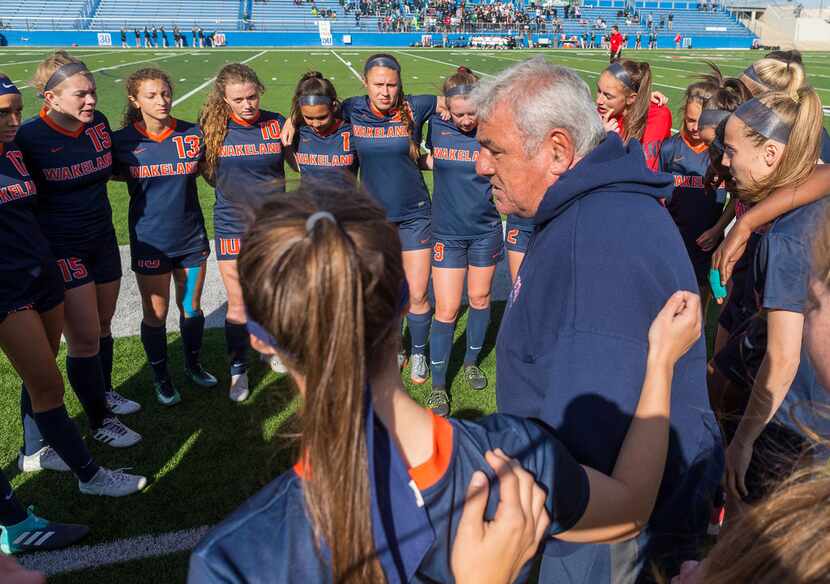 Frisco Wakeland head coach Iseed Khoury speaks to his team before the Class 5A girls soccer...