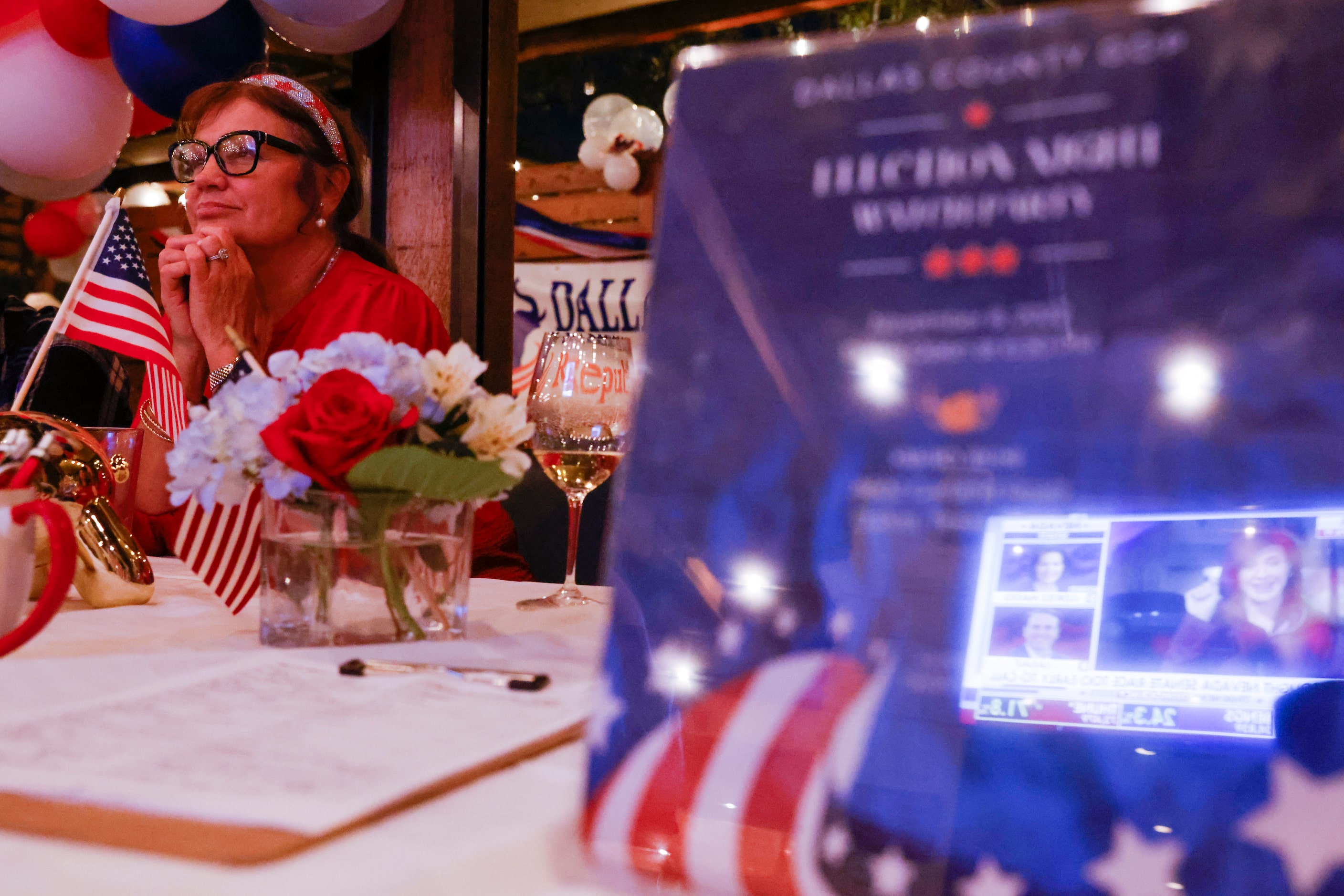 Mary Brooks of Dallas watches the electoral news during Dallas County Republican Party Watch...