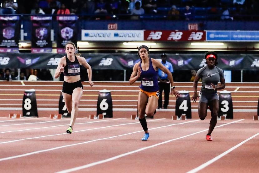 Kennedale's Alexis Brown (middle) competes in the Girls 60 Meter Dash finals during 2018 New...