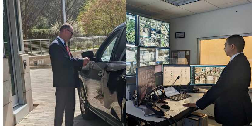 Split-screen image of Hillwood Security Officer Dustin Oliver checking in a guest at their...