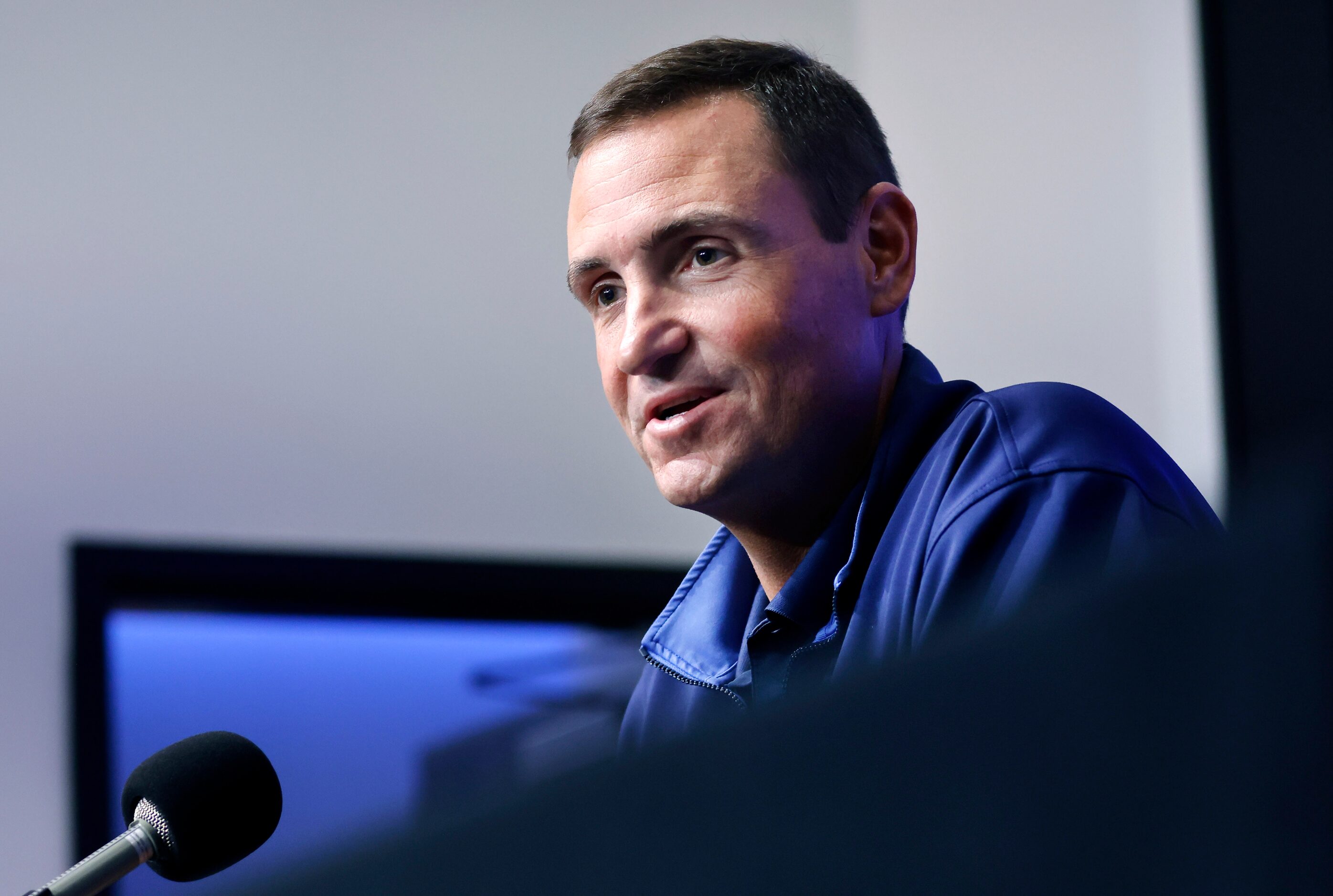 Texas Rangers General Manager Chris Young speaks with the media about the past season during...