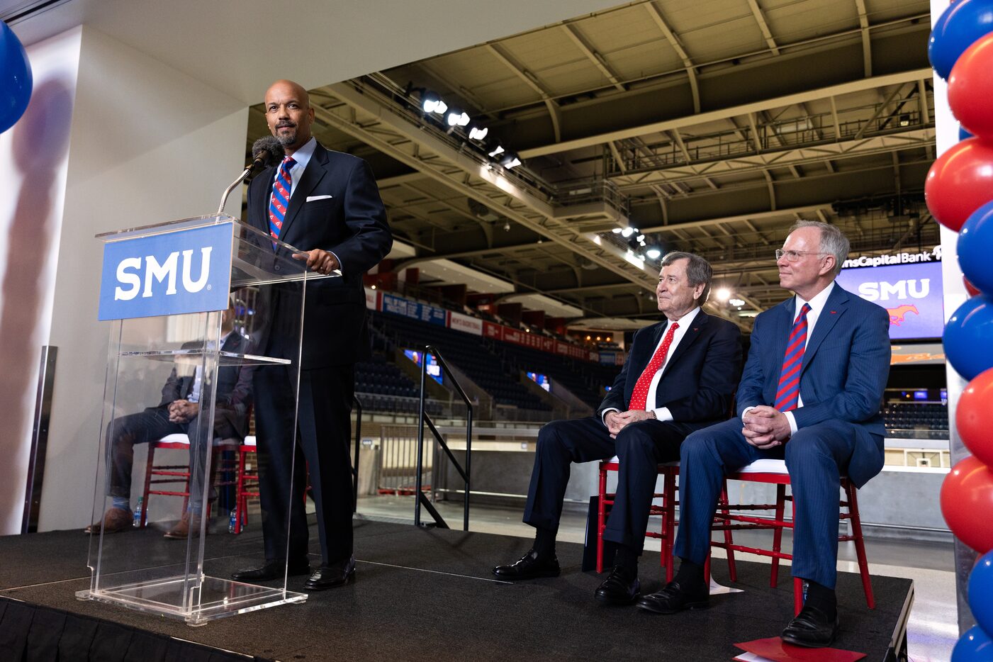 SMU’s new Head Men’s Basketball Coach Rob Lanier speaks at a press conference announcing his...