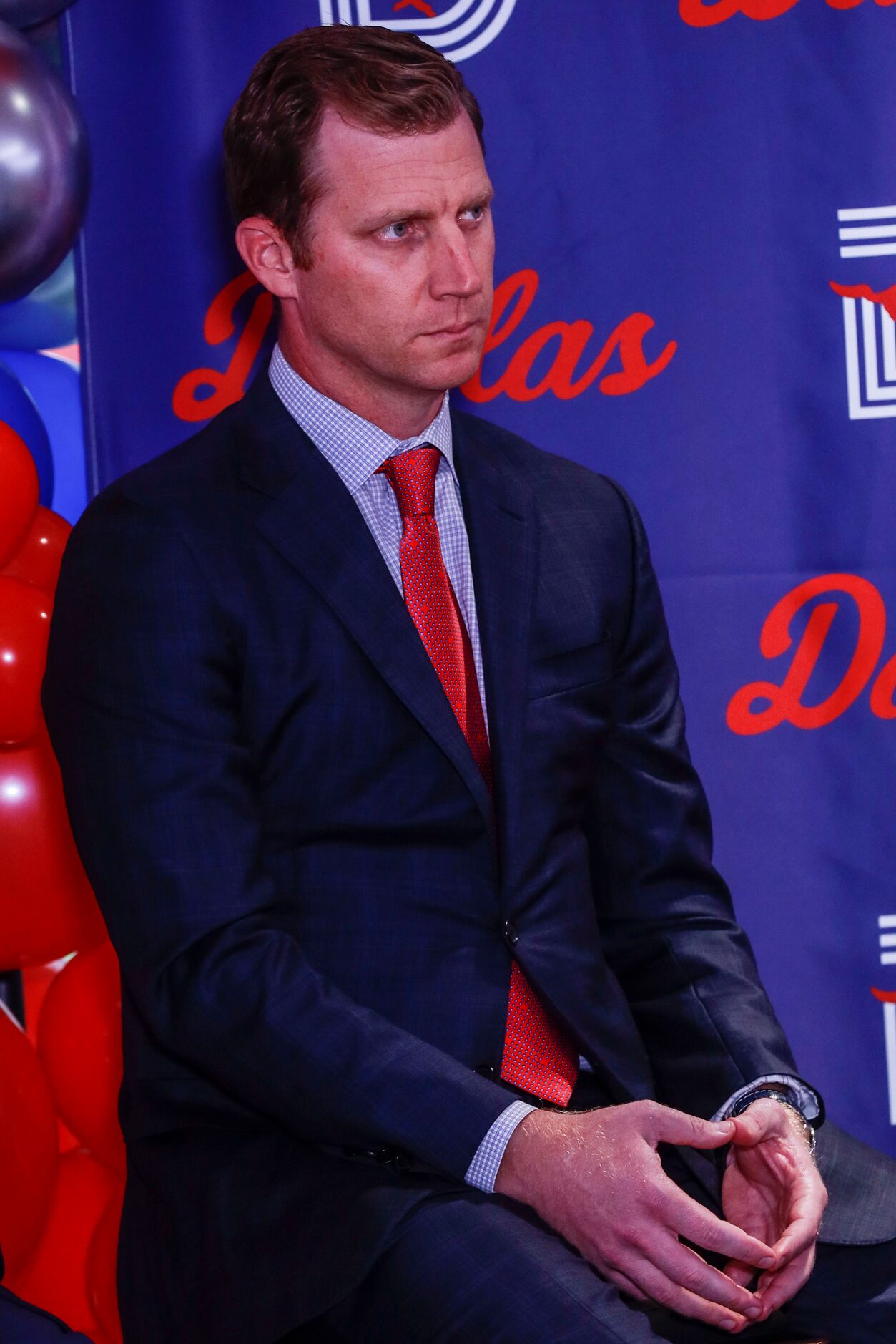 Southern Methodist University's head football coach, Rhett Lashlee sits at a news conference...