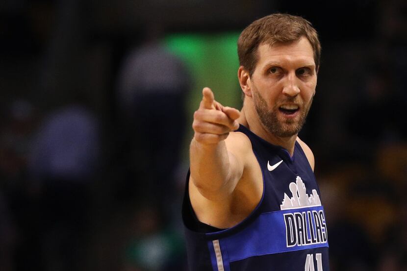 BOSTON, MA - DECEMBER 6: Dirk Nowitzki #41 of the Dallas Mavericks reacts during the first...