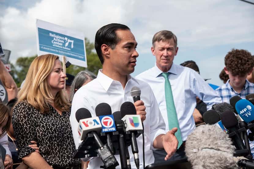 Democratic presidential candidate Julian Castro talked to media outside of the Homestead...