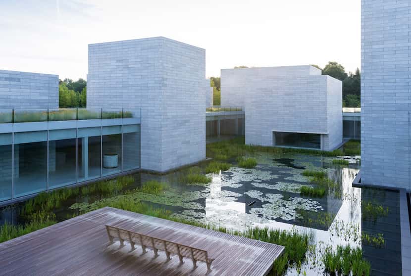 A water garden is situated outside the Pavilions, an addition to the Glenstone museum. 