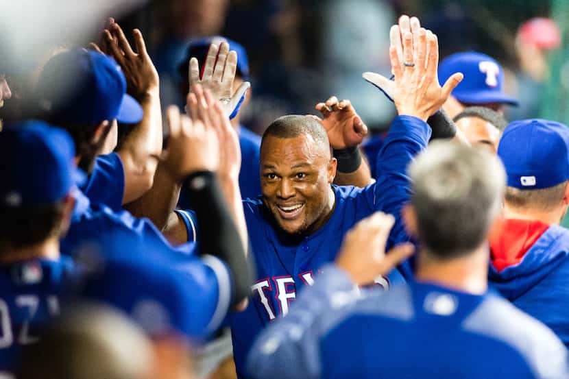 CLEVELAND, OH - JUNE 27: Adrian Beltre #29 of the Texas Rangers celebrates after hitting a...