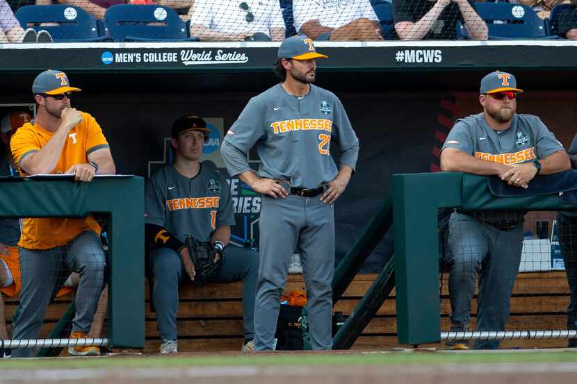 FILE - Tennessee head coach Tony Vitello watches the action in the dugout against LSU in the...