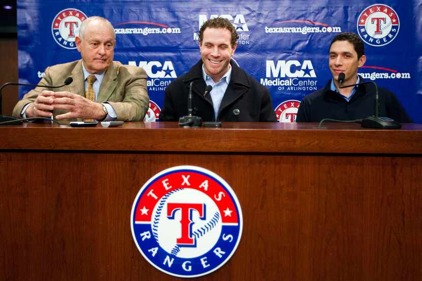 Texas Rangers President Nolan Ryan (left), Texas Rangers outfielder Josh Hamilton (center)...