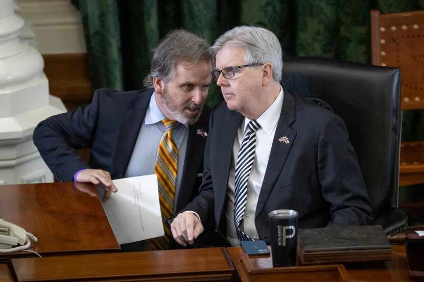 Texas State Sen. Bryan Hughes, R - Mineola, left, talks to Lt. Gov. Dan Patrick after...