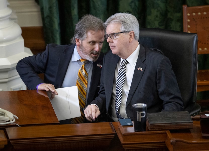 Texas State Sen. Bryan Hughes (left), R-Mineola, talks to Lt. Gov. Dan Patrick after Hughes'...