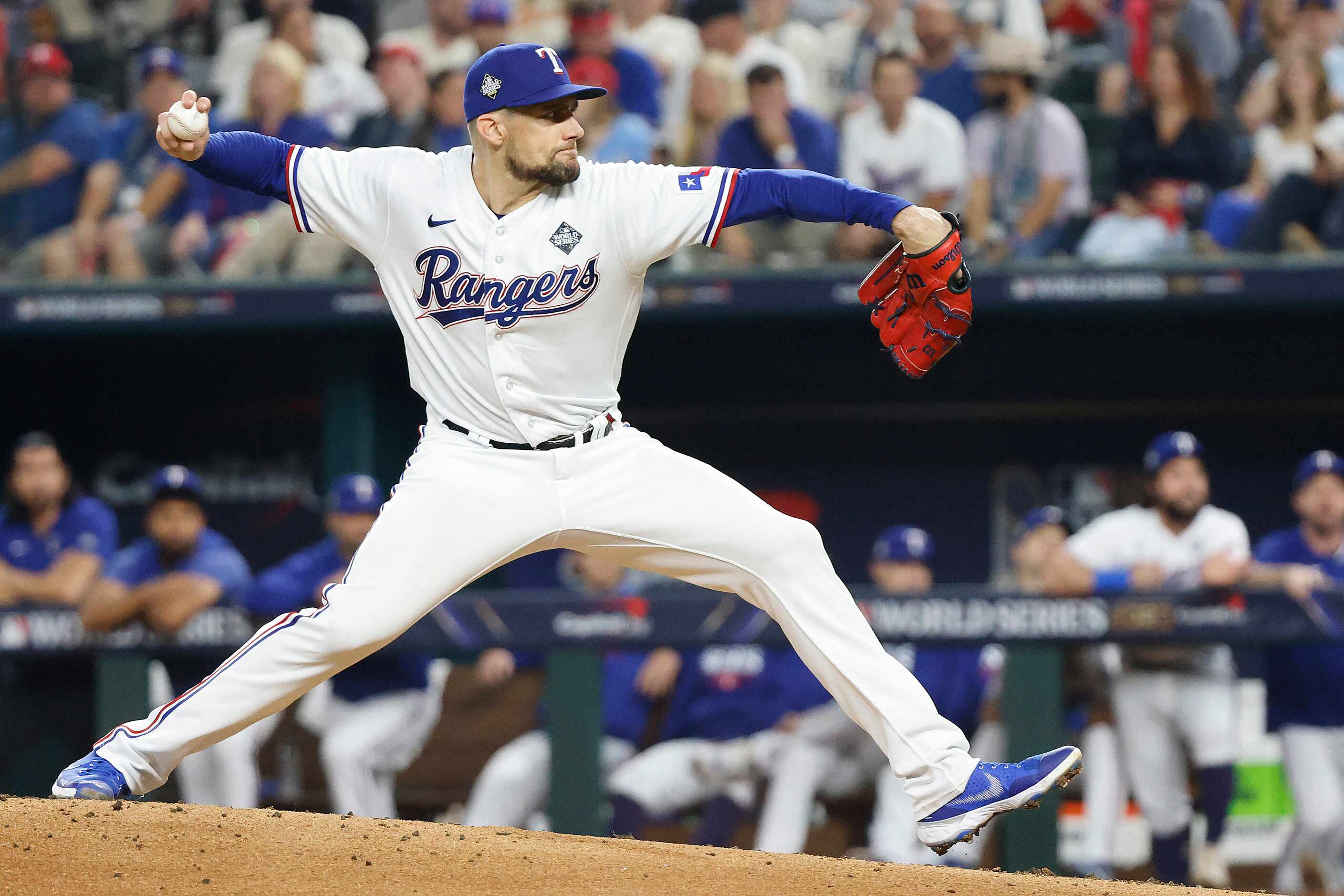 Texas Rangers starting pitcher Nathan Eovaldi delivers during the first inning in Game 1 of...