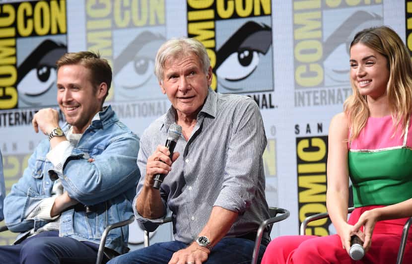 Ryan Gosling, from left, Harrison Ford, and Ana de Armas attend the Warner Bros. "Blade...