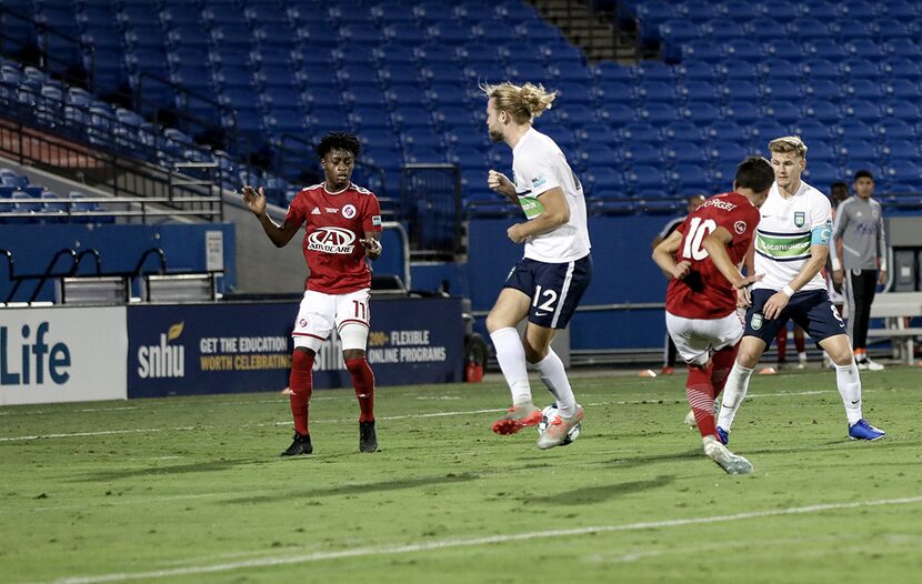 Arturo Rodriguez shoots a curving ball into the far corner for the only goal of the evening...